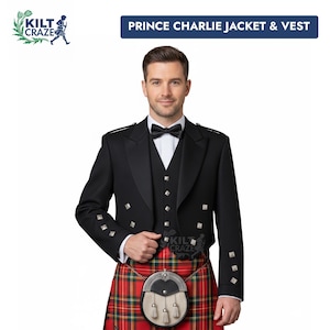 Könnte beinhalten: Schwarze Prince Charlie Jacke und Weste mit silbernen Knöpfen, getragen mit einem rot-grünen Schottenkilt und einer Fliege. Der Text "PRINCE CHARLIE JACKET & VEST" und das Kilt Craze Logo sind enthalten.
