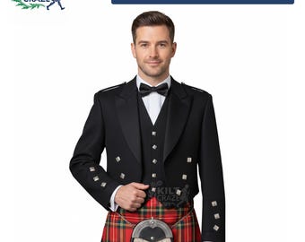 Men’s Prince Charlie Jacket with 5 Button Vest Scottish Wedding Kilt Jacket & Waistcoat in Multiple Colors