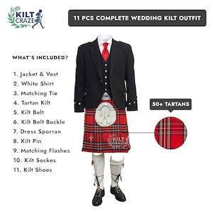 11 Pcs Complete Traditional Scottish Wedding Kilt Outfit for Men - Black Argyle Jacket Ceilidh Outfit -  Mens Formal Kilt Set in 50+ Tartans