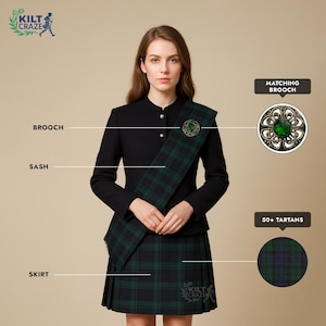 Ladies Tartan Skirt Outfit with Matching Sash and Brooch | Clan Pride Women’s Tartan Outfit | Available in 50+ Tartans