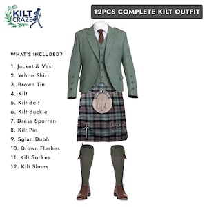 Puede incluir: Conjunto completo de kilt con chaqueta y chaleco verdes, camisa blanca, corbata marrón y kilt a cuadros. El conjunto incluye cinturón de kilt, hebilla, sporran, alfiler, sgian dubh, destellos marrones, calcetines de kilt y zapatos. El texto dice "12PCS COMPLETE KILT OUTFIT".
