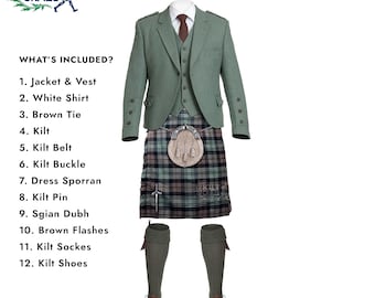 Scottish Wedding Kilt Outfit 12pcs Lovat Green Jacket Men’s Kilt Set Highland Wedding Dress