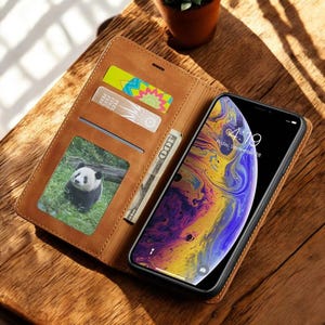 Etui portefeuille en cuir pour iPhone | Étui portefeuille en cuir de luxe | Séries iPhone 16, 15, 14, 13, 12 | Compatible MagSafe | Cuir véritable fait main