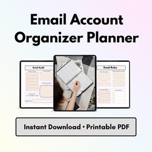 Może przedstawiać: Planer organizatora kont e-mail jest wyświetlany na trzech tabletach. Tekst "Email Account Organizer Planner" znajduje się u góry. Tekst "Instant Download • Printable PDF" znajduje się na dole obrazu.