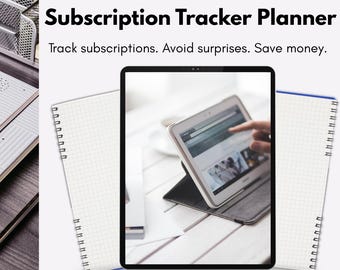 Może przedstawiać: Wyświetlany jest Ultimate Subscription Tracker Planner z tekstem "Śledź subskrypcje. Unikaj niespodzianek. Oszczędzaj pieniądze". Widoczny jest również tablet i dwa notatniki. Tablet jest na stojaku.
