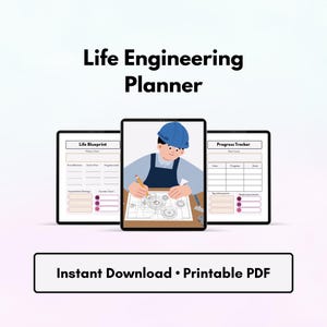 May include: Life Engineering Planner digital document featuring three tablet screens. The centre screen shows an illustration of a person in a blue hard hat drawing on a blueprint. The side screens display Life Blueprint and Progress Tracker forms.