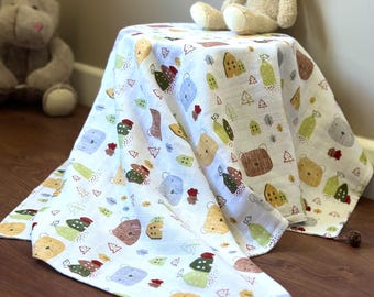 Double Layer Muslin Baby Blanket: Cotton Swaddle with Pompom Trim