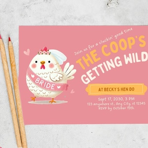 Grappige uitnodiging vrijgezellenfeest | Bewerkbare canvassjabloon | Uitnodiging voor bruid en kippen 'The Coop's Getting Wild' | Afdrukbare vrijgezellenkaart