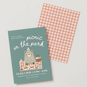 Faire-part d'anniversaire pique-nique avec ours en peluche, ensemble de cartes et marque-places | Modèle de toile modifiable | Téléchargement instantané | Lot