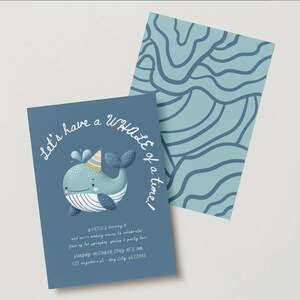 Verjaardagsuitnodiging walvis walvis | Bewerkbare canvassjabloon | Kinderfeestje 'Whale of a Time' | Inclusief plaatskaartje en bedankkaartje | Bundel: