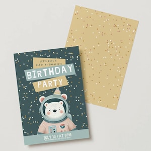Invitation d'anniversaire d'ours de l'espace | Modèle de toile modifiable | Invitation à une fête dans l'espace pour les enfants | Carte imprimable animal astronaute