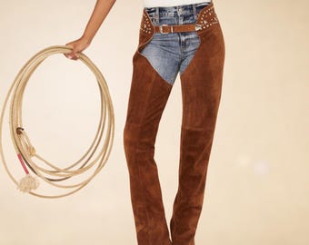 Star Studded Suede Cowgirl Chaps: Western Riding Leggings, Handcrafted Cognac Suede Studded Fringe Chaps, Suede Fringe Chaps, Western Wear