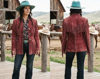Cowgirl Suede Leather Fringe Jacket, Boho Country Coat, Unique Rustic Rodeo Apparel, Boho Chic Outerwear, Genuine Leather Vintage Look