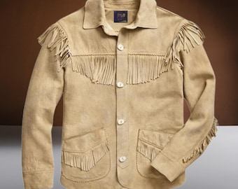 Handmade Suede Leather Fringe Jacket: Frontiersman Style, Classic Beige Suede Fringe Shirt, Jacket, Mountain Man Outfit, Native Outfit