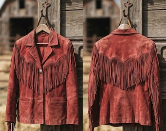 Cowgirl Suede Leather Fringe Jacket, Boho Country Coat, Unique Rustic Rodeo Apparel, Boho Chic Outerwear, Genuine Leather Vintage Look