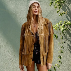 Handmade Suede Fringe Jacket: Studded Western Cowgirl Style, Vintage Tan Suede Leather Studded Fringe Jacket, Boho Clothing, Western Wear