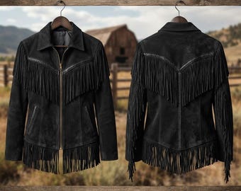 Cowgirl Suede Leather Fringe Jacket, Black Boho Country Coat, Unique Rustic Rodeo Apparel, Boho Chic Outerwear, Genuine Leather Vintage Look