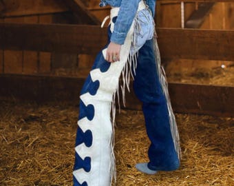 Handgjorda mjuka blå mocka-cowgirlchaps: Vintage western fringe leggings-chaps, ridchaps för kvinnor, rodeo-outfit, mocka-chaps med tofsar