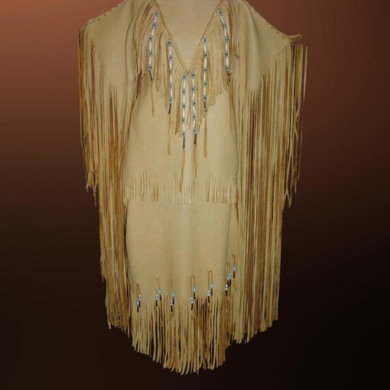 Handmade Soft Leather Fringe Dress: Native American Dress with Bone -Beads, Womens Traditional Powwow Dress, Plains Indian Three-Skin Style