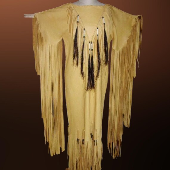 Handmade Leather Fringe Dress: Plains Indian Style Powwow Regalia Dress with Tassel, Native American Dress, Womens Traditional Powwow Outfit