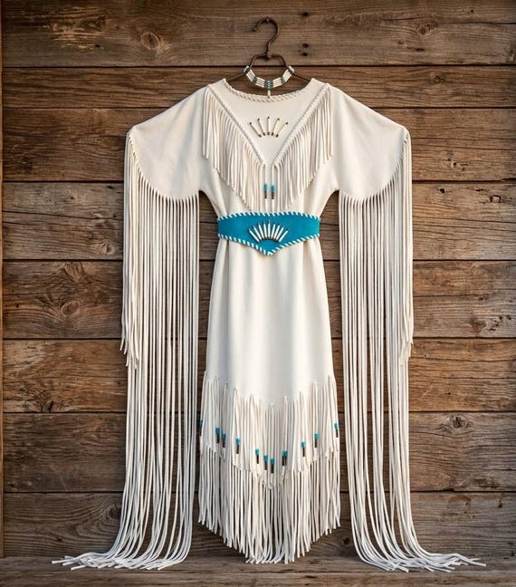 white leather long sleeve dress Handmade Fringe with Belt: Native American Dress, Womens Traditional Powwow Dress, Cherokee Indian Wedding Dress seconddress