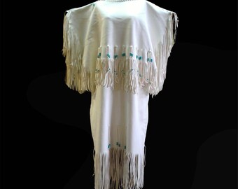 Handmade Leather Fringe Dress with Beads: Plains Indian Style Powwow Regalia Dress, Native American Dress, Womens Traditional Powwow Outfit