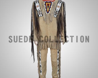 Camisa y pantalones de guerra de ante con cuentas estilo sencillo: traje de guerra de ante beige con borlas, camisa y pantalones de guerra con cuentas de indio americano, atuendo de powwow para hombre