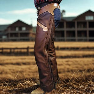 Peut inclure: Chaps en cuir marron avec des franges. Les chaps présentent des coutures décoratives et un empiècement en cuir texturé. L'image montre les chaps portés sur un jean bleu, avec un arrière-plan rural.