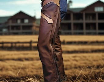 Western Cowboy Men's Top Grain Leather Fringe Shotgun Chaps with Handmade Basketweave Tooled Yokes, Custom Shotgun Chaps, Horse Riding Gear