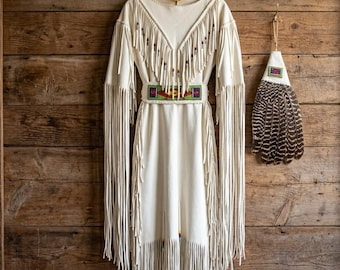 Handmade Antique Plains Inidan Leather Fringe Dress with Beaded Belt: Native Women's Traditional Powwow Dress, Cherokee Indian Wedding Dress