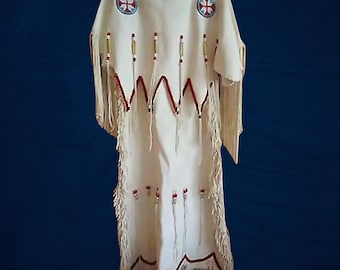 Handmade Native American White Leather Fringe Dress, Antique Plains Indian Beaded Wedding Dress, Native Traditional Skin Dress, Powwow Dress