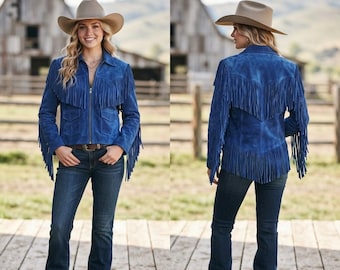 Cowgirl Suede Leather Fringe Jacket, Boho Country Coat, Unique Rustic Rodeo Apparel, Boho Chic Outerwear, Genuine Leather Vintage Look