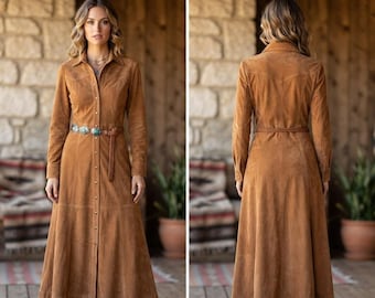 Western Suede Leather Maxi Dress, Cowgirl Button-Down Long Dress, Vintage Style Rodeo Outfit, Boho Rustic Custom Apparel Festival Boho Dress