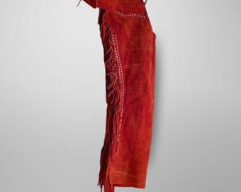 Red Suede Leather Fringe Chaps: Western Cowgirl Rodeo Outfit, Women's Horse Riding Chaps with Fringe, Hand Studded Suede Leather Chaps
