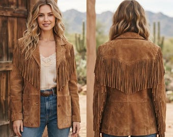 70s Tan Suede Fringe Jacket: Women's Western Cowgirl Coat, Ladies Handmade Brown Suede Fringe Coat / Jacket, Boho Clothing, Old West Outfit