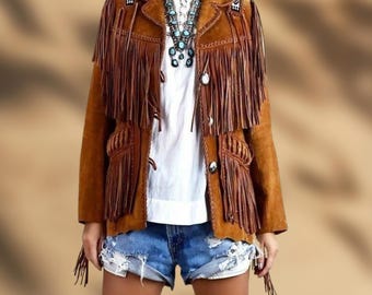 Suede Leather Fringe Jacket: Beaded Western Cowgirl Coat, Native American Beaded Fringe Jacket, Native Beaded Fringe Jacket, Western Wear