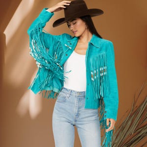 Handmade Turquoise Suede Fringe Jacket: Western Wear Fringe Jacket with Bone-pipe, Ladies Suede Tassel Jacket, Cowgirl Outfit, Boho Clothing