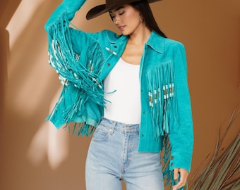 Handmade Turquoise Suede Fringe Jacket: Western Wear Fringe Jacket with Bone-pipe, Ladies Suede Tassel Jacket, Cowgirl Outfit, Boho Clothing