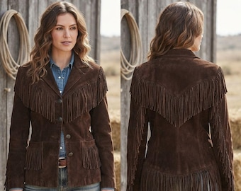Western Cowgirl Suede Leather Fringe Jacket, Dark Brown Boho Country Coat, Unique Rustic Rodeo Apparel, Boho Chic Outerwear