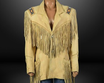 Beaded Leather Fringe Jacket: Native American Western Wear, Native Indain Soft Buffalo Hide Jacket, Tradiotional Women's Beaded Jacket, Coat
