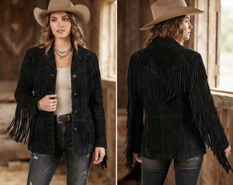 Cowgirl Suede Leather Fringe Jacket, Black Boho Country Coat, Unique Rustic Rodeo Apparel, Boho Chic Outerwear, Genuine Leather Vintage Look