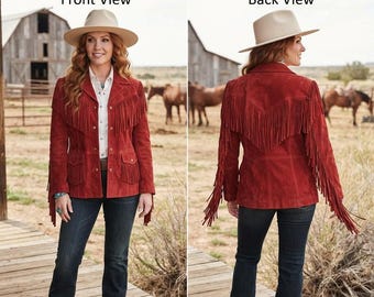 Cowgirl Suede Leather Fringe Jacket, Red Boho Country Coat, Unique Rustic Rodeo Apparel, Boho Chic Outerwear, Genuine Leather Vintage Look