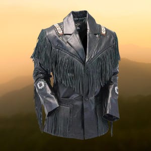Veste en cuir de vachette faite main à franges : manteau de style occidental orné de perles amérindien, veste indienne à franges faite main, tenue du Far West