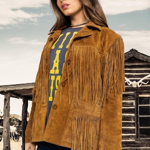 Women&#39;s Suede Leather Fringe Jacket, 70s Vintage Western Wear Style, Exclusive Western Cowgirl Suede Fringe Jacket / Coat, Boho Outfit