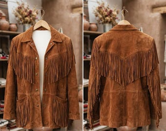 70s Tan Suede Fringe Jacket: Women's Western Cowgirl Coat, Ladies Handmade Brown Suede Fringe Coat / Jacket, Boho Clothing, Old West Outfit