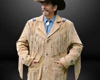Mens Beaded Suede Leather Fringe Coat: Native American Western Wear Jacket, Old West Handmade Crockett Indian Beaded Beige Suede Fringe Coat