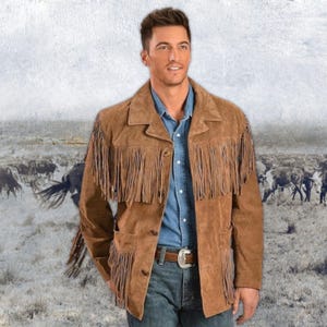 Western Wear Men's Suede Fringe Jacket, Men's Tassel Jacket, 70s Tan Suede Leather Jacket Coat, Cowboy Outfit, Old West Outfit, Gift for Him
