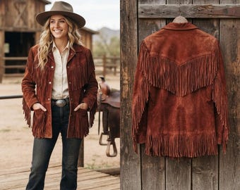 Cowgirl Suede Leather Fringe Jacket, Boho Country Coat, Unique Rustic Rodeo Apparel, Boho Chic Outerwear, Genuine Leather Vintage Look