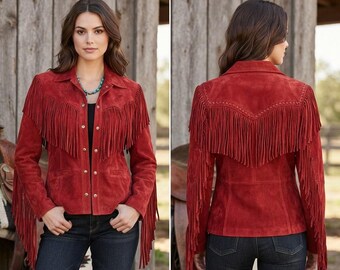 Cowgirl Suede Leather Fringe Jacket, Red Boho Country Coat, Unique Rustic Rodeo Apparel, Boho Chic Outerwear, Genuine Leather Vintage Look