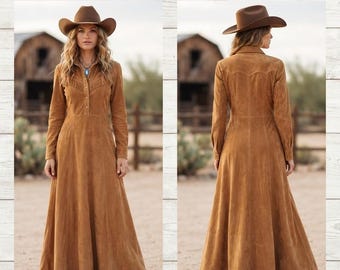 Western Suede Leather Maxi Dress, Cowgirl Fringe Button-Down Long Dress, Vintage Style Rodeo Outfit, Boho Rustic Custom Apparel
